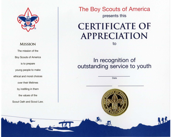 Appreciation Certificate Boy Scouts Of America