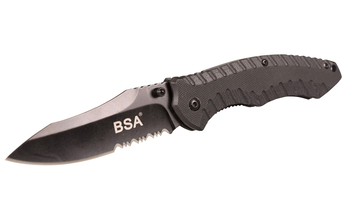 BSA G10 Serrated Knife, 3 1/2 Blade in oxidized Black 7CR17 Stainless  Steel with Black Anodized G10 Handle